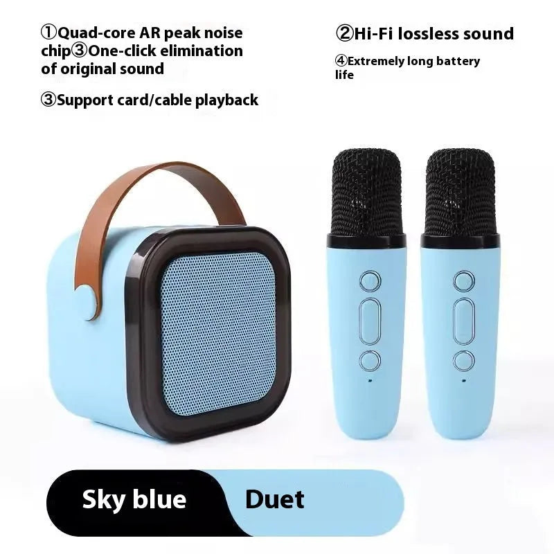 Wireless Bluetooth karaoke microphone and speaker all-in-one in oil white, pink or blue with single or double mic