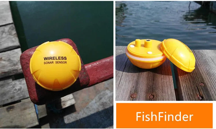 Yellow wireless sonar fish finder with 68x68x50cm dimensions, 125kHz frequency, and Bluetooth connectivity