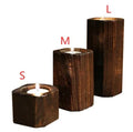 Solid wood candle holder in natural paulownia with charcoal-fired finish, 6x6cm top and 4.5cm candle aperture.