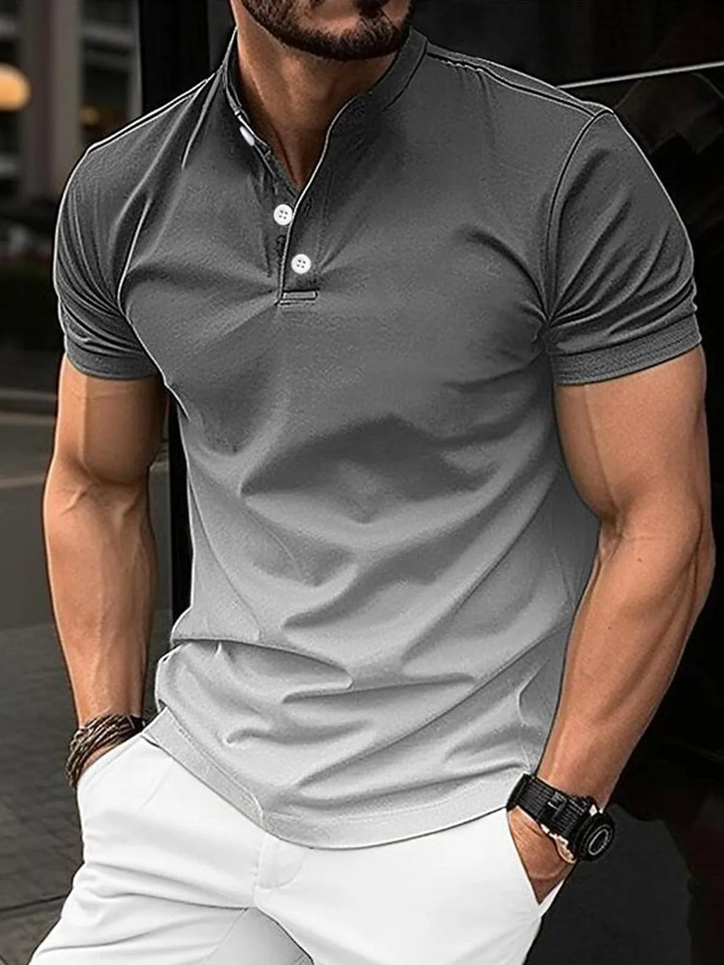 European American stand collar gradient golf short sleeve t-shirt in gray with mosaic colour block detail