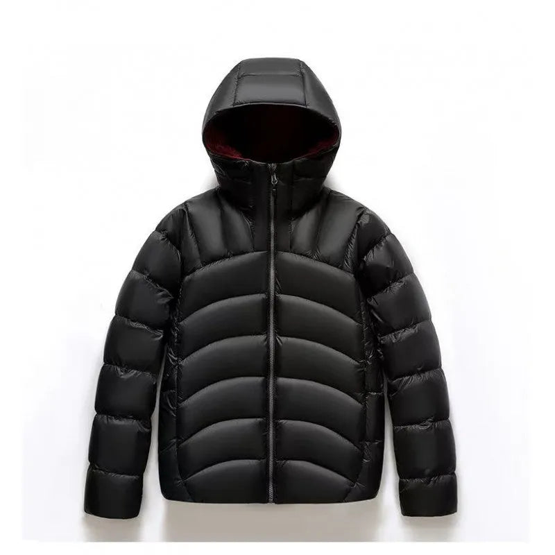 Unisex hooded down jacket in solid colour with 86-90% down fill, shown in five colour options and sizes S to 4XL