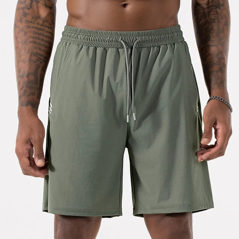 Men's black Ice Silk nylon quick-dry sports shorts with a high waist drawstring and cropped leg.