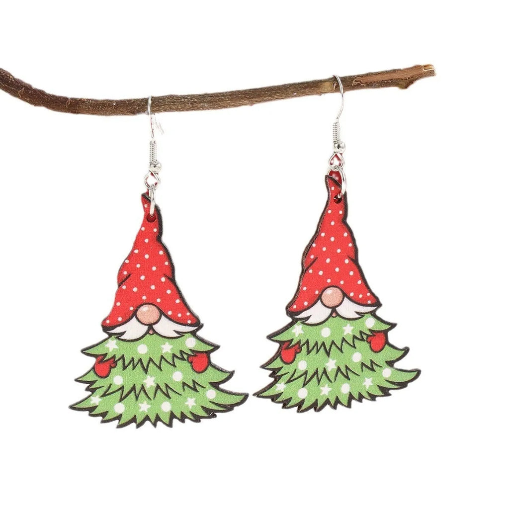 Wooden Christmas earrings showing Christmas tree and water drop snowman designs with geometric shapes