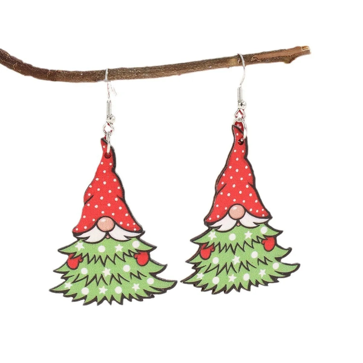 Wooden Christmas earrings showing Christmas tree and water drop snowman designs with geometric shapes