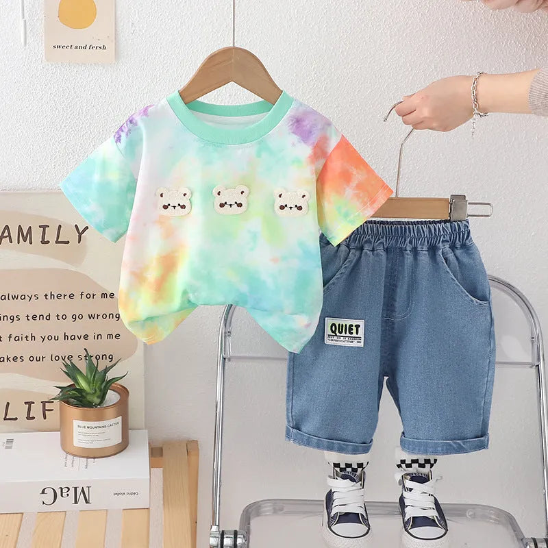 Baby suit three bear short sleeve two-piece set in cotton green colour for 80-130cm height