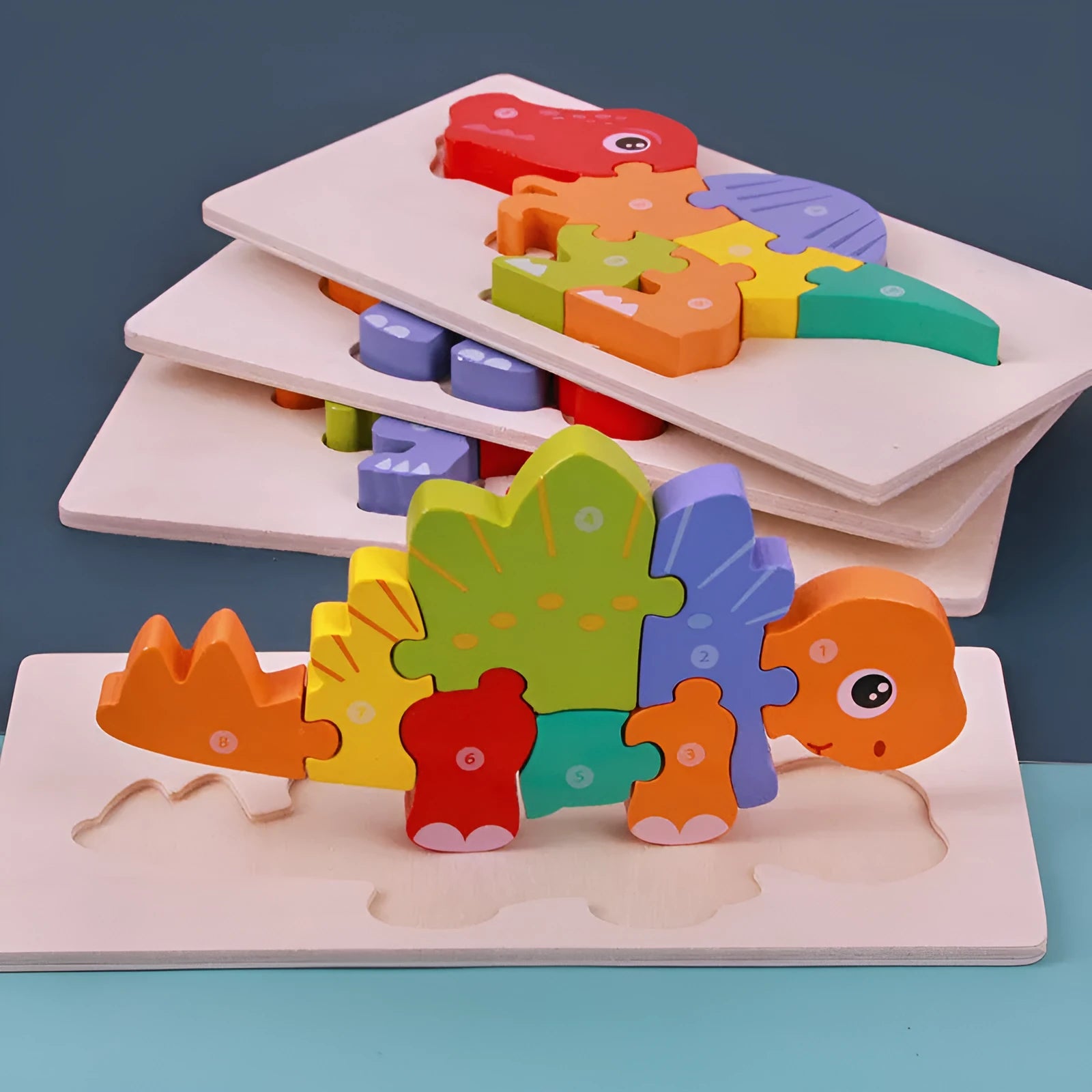 Wooden dinosaur 3D puzzle building blocks for children with six prehistoric designs