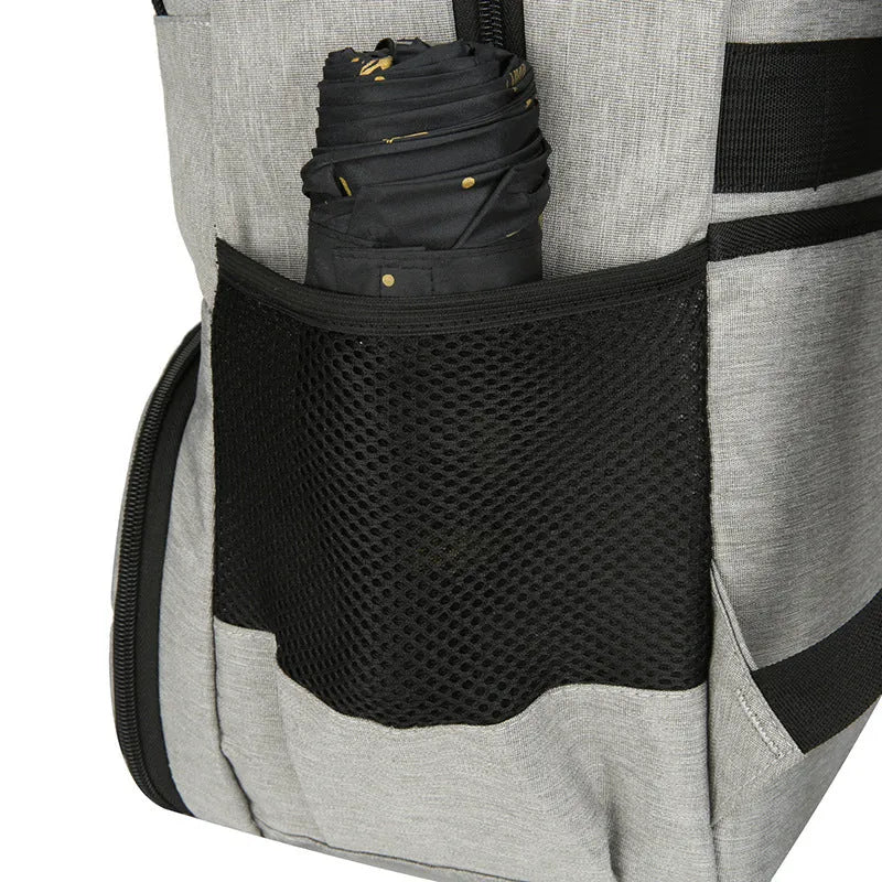 Light grey insulated Oxford cloth backpack with curved shoulder straps and a pull rod belt accessory