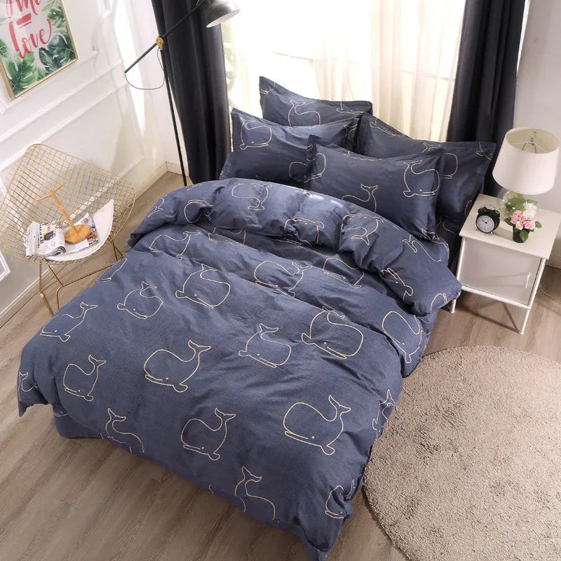 Cotton four-piece bedding set in multiple sizes with quilt cover, fitted sheet, and pillowcases