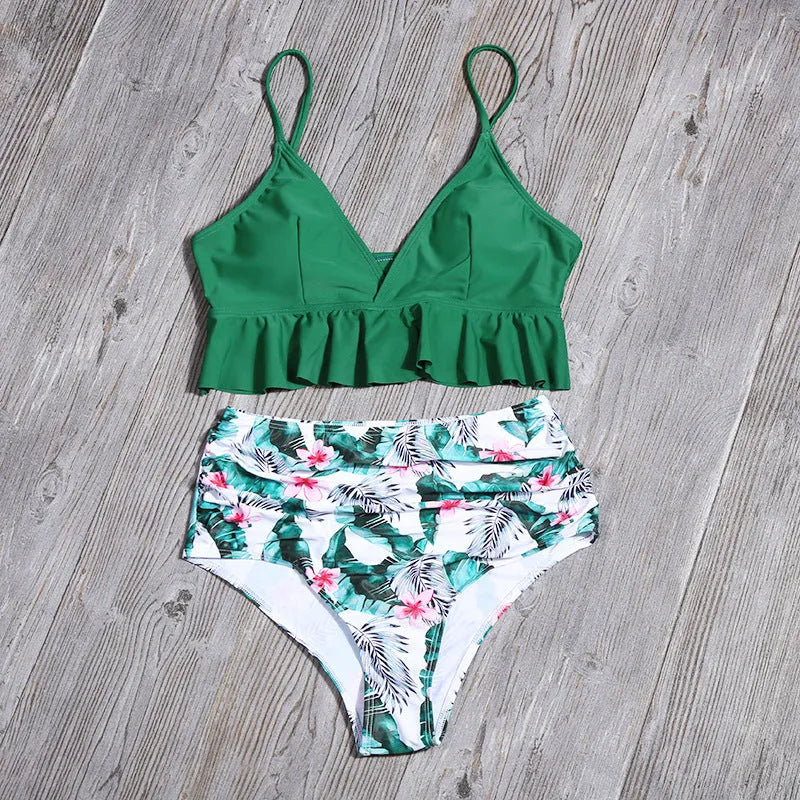 Women's green fashion printed ruffle swimsuit with floral pattern, nylon fabric, includes bra and pants