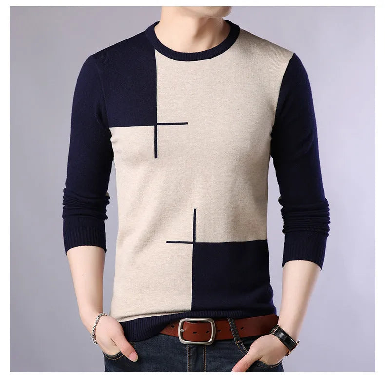 Men's wool crew neck pullover sweater in dark blue, shown on a model