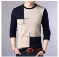 Men's wool crew neck pullover sweater in dark blue, shown on a model