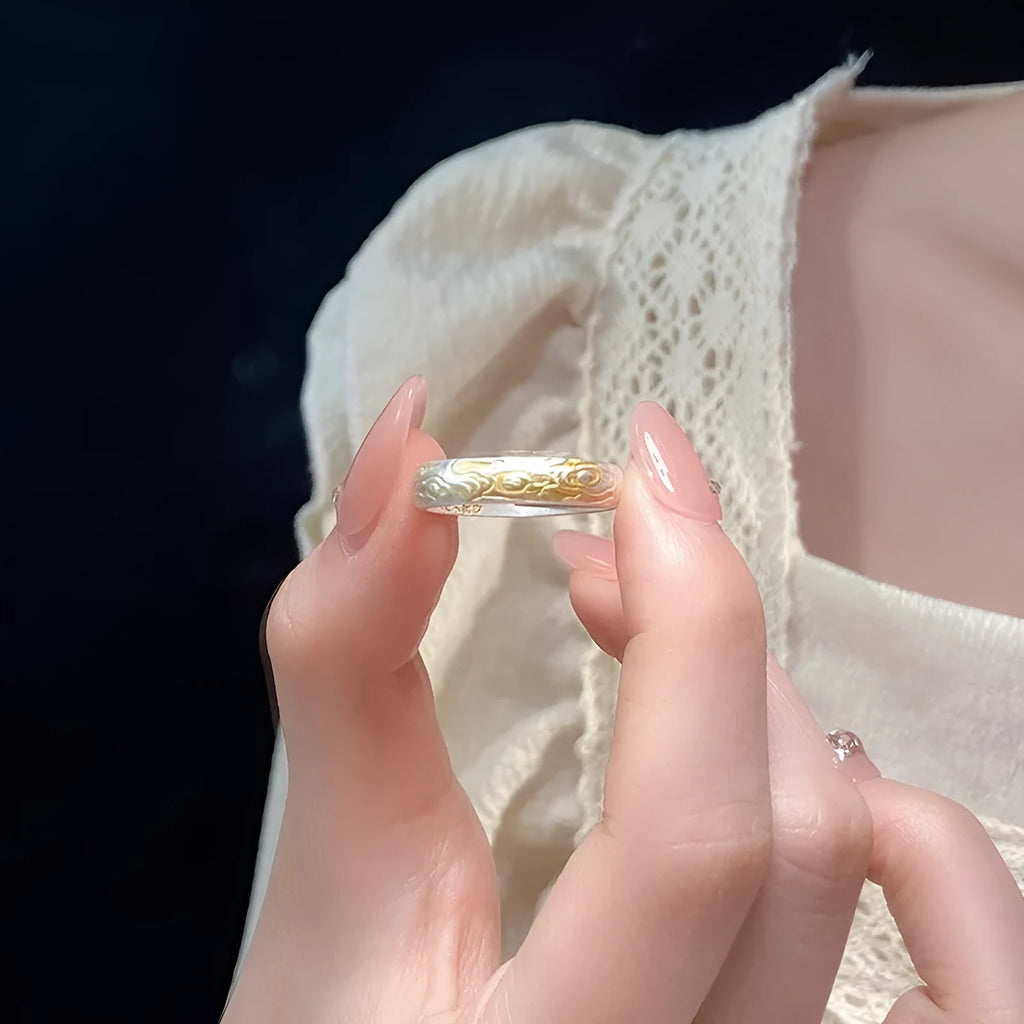 Open mouth ring with J14 Xiangyun pattern in electroplated silver and gold finish on white copper