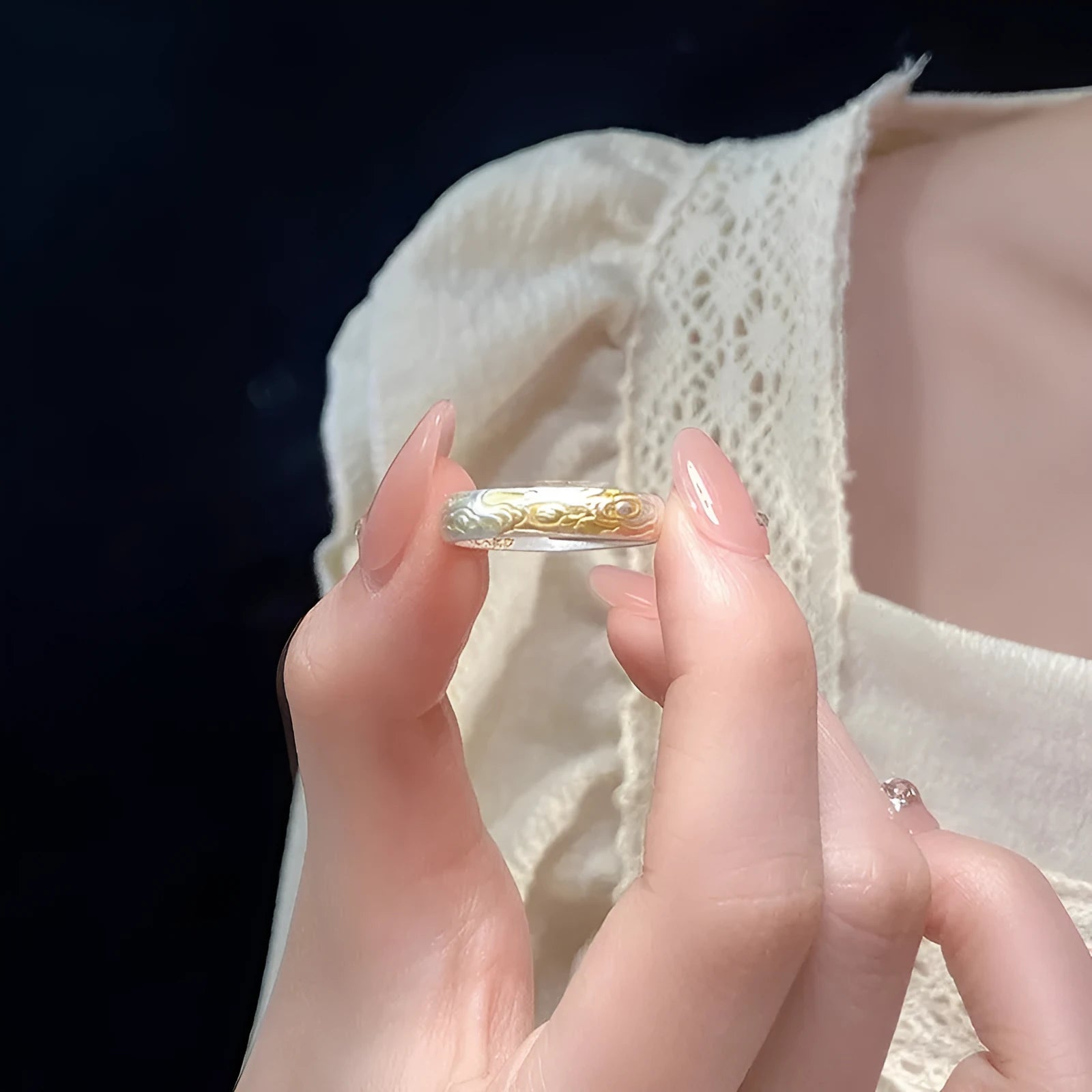 Open mouth ring with J14 Xiangyun pattern in electroplated silver and gold finish on white copper