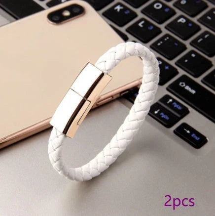 Stylish leather bracelet charging cable for iPhone, Android, and USB-C devices in various colors and sizes