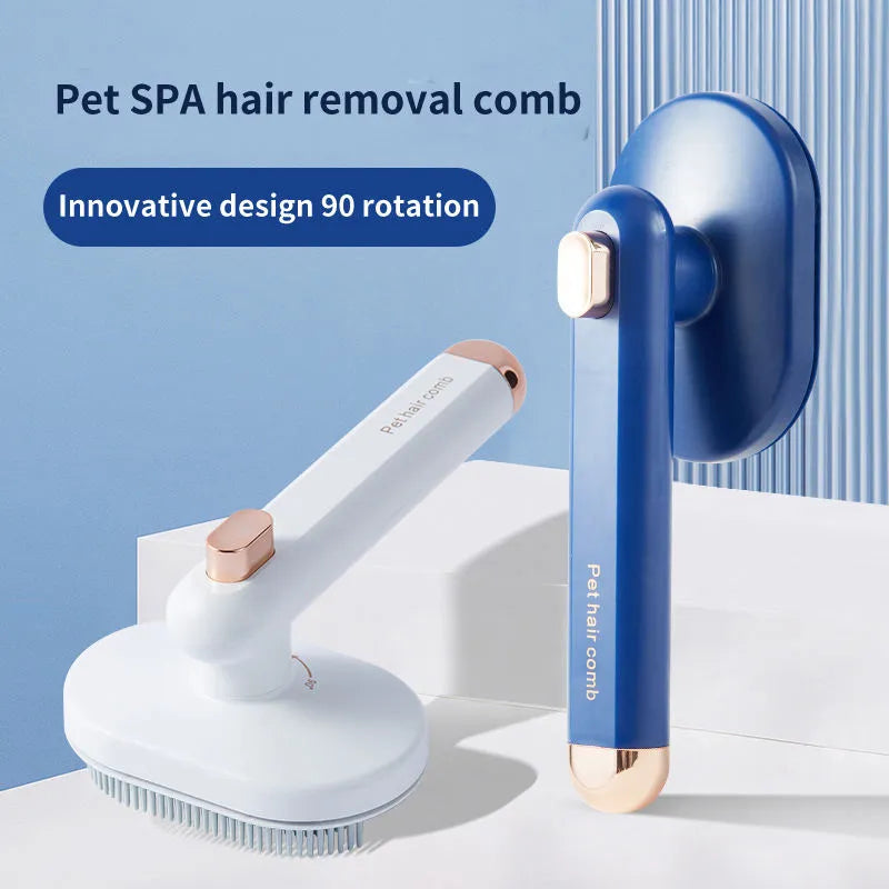 Self-cleaning pet comb for dogs with arc needle head in white, light blue, dark blue options on clean background