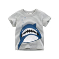 Grey cotton children's t-shirt shown with a size chart listing measurements from 90cm to 140cm.