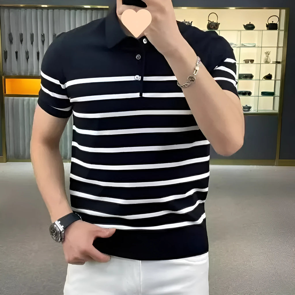 Striped lapel knitted T-shirt in black and white colour options showing polyester blend fabric