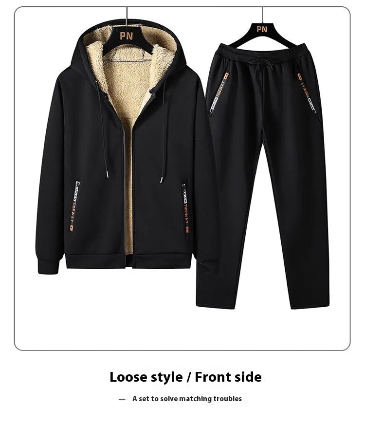 Men's black plus size suit set with long-sleeve coat and trousers, polyester fabric, wool lining