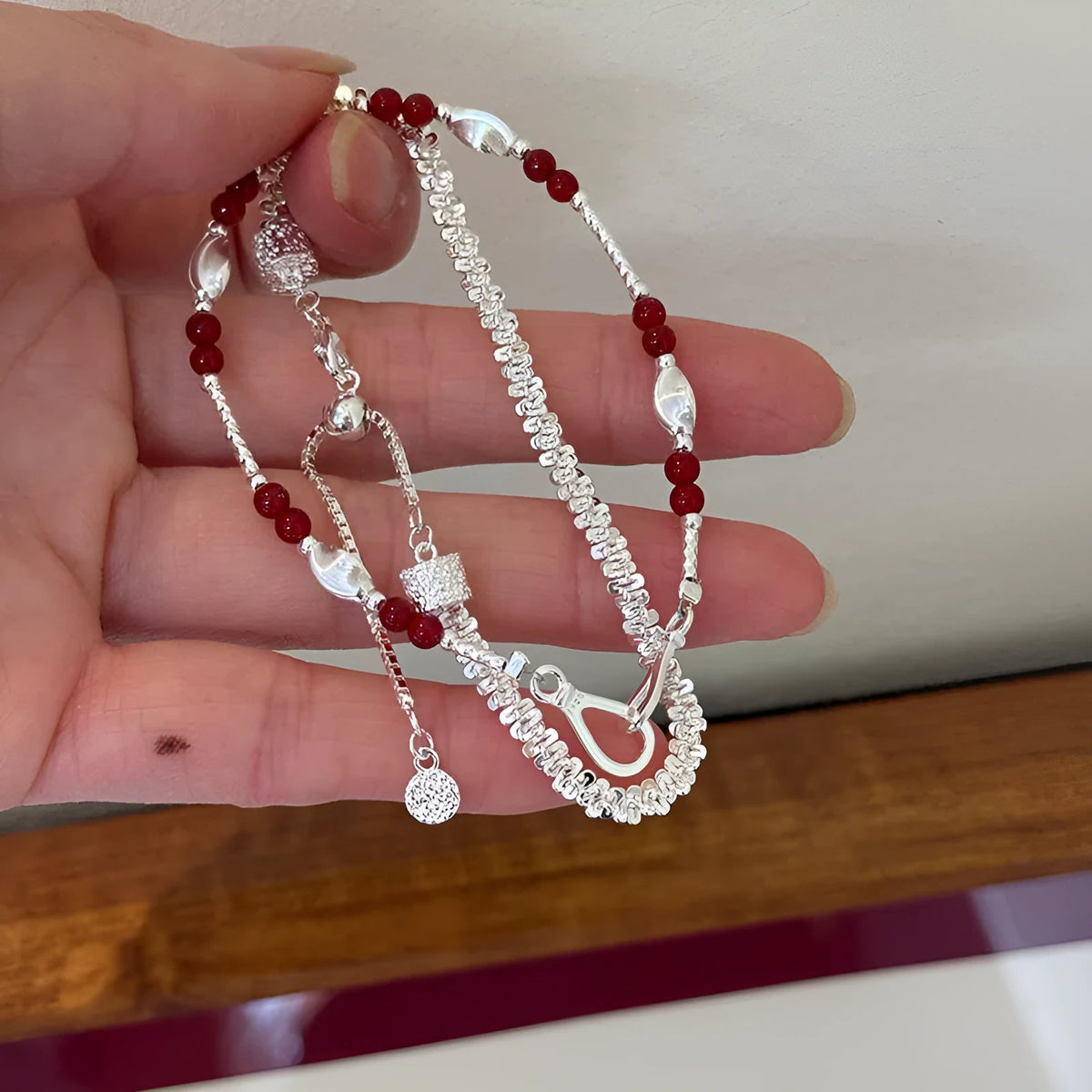 925 sterling silver bracelet with red agate carved round beads, geometric women's ins style, colour B6985 or B3050