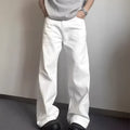 Men's white straight-leg cotton jeans with a wide-leg opening and zipper fly.