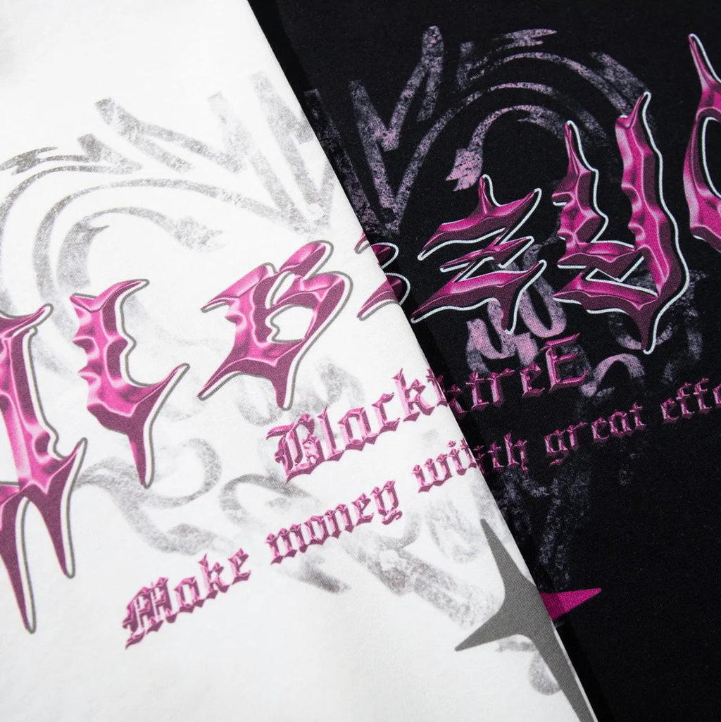 Men's black printed retro design cotton T-shirt with round neck and short sleeves
