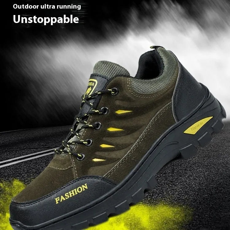 Men's brown suede mid-top hiking sneakers with rubber sole and lace-up front.