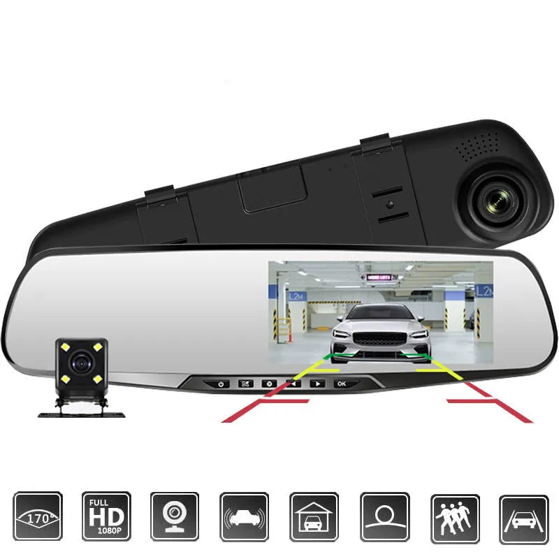 Black car driving recorder with 4.3-inch screen and 170° wide-angle lens mounted on a rearview mirror