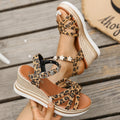Light brown suede women's platform sandals with a buckle ankle strap.