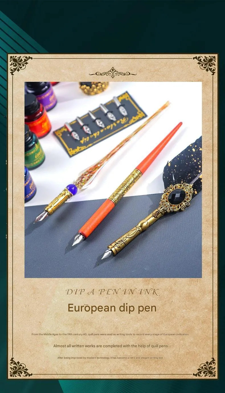 Gray vintage classic mechanical feather fountain pen set with dip pen for calligraphy practice and handwriting
