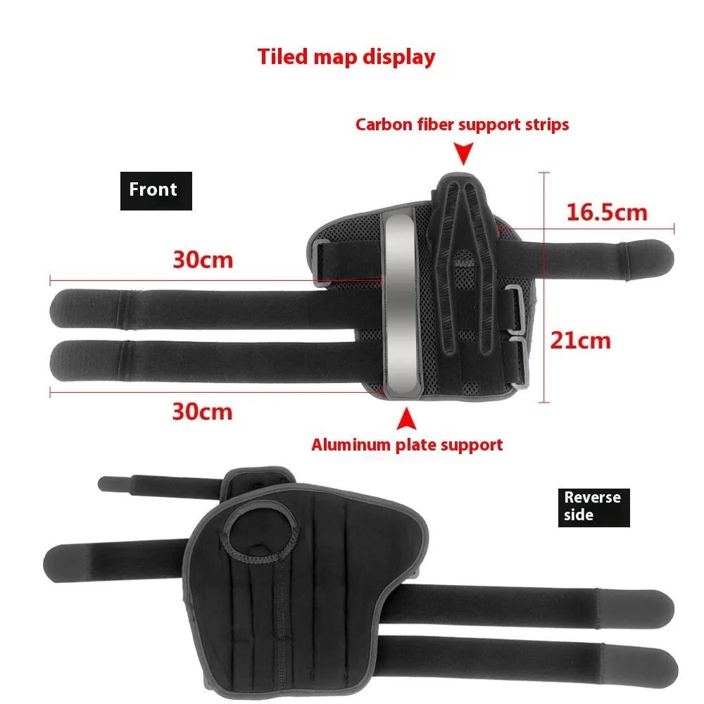 Black carbon fibre sports wrist guard with grey edging and an adjustable thumb strap for left or right hand.