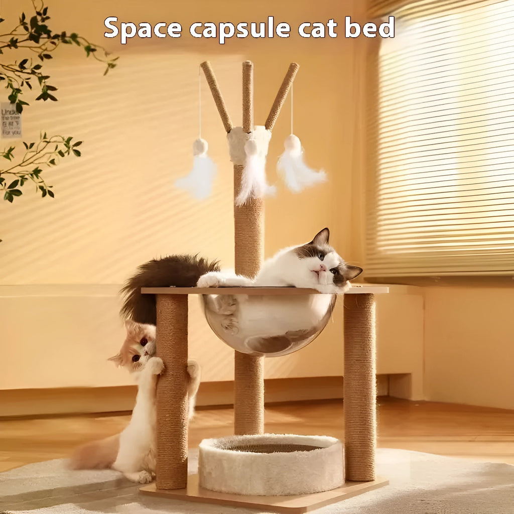 Wood colour cat climbing frame with integrated space capsule for indoor feline activities