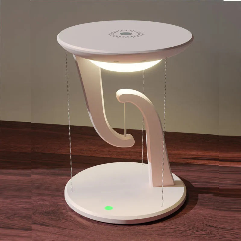 Creative Smart Wireless Phone Charger Suspension Lamp in white with phone placed on charging base, USB power cable visible, 160x230mm size