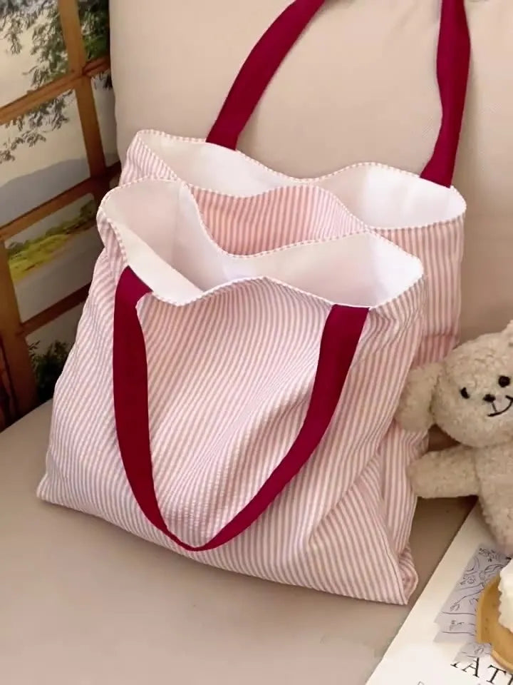 Canvas multi-layer tote shoulder bag showing light pink stripes pattern with 24cm shoulder strap