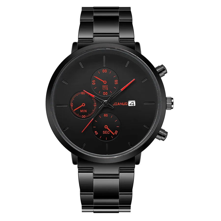 Men's quartz watch with three-eye calendar display, alloy band, black blue colour, slim 10mm thickness