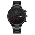 Men's quartz watch with three-eye calendar display, alloy band, black blue colour, slim 10mm thickness