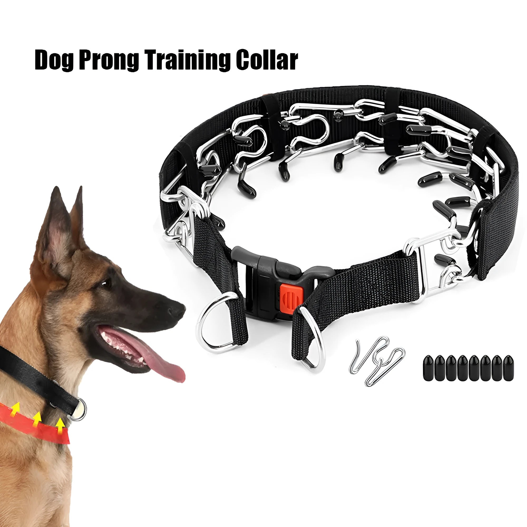 Metal spiked dog training collar with a removable blue reflective cover, shown in large size.