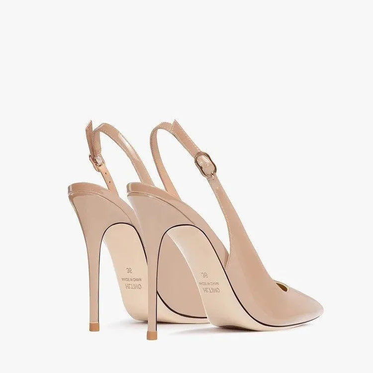 Women's nude ankle strap high heels with hollow design and button closure