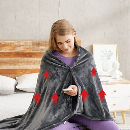 A cozy, grey heated blanket made of soft coral fleece with USB power and adjustable heat settings