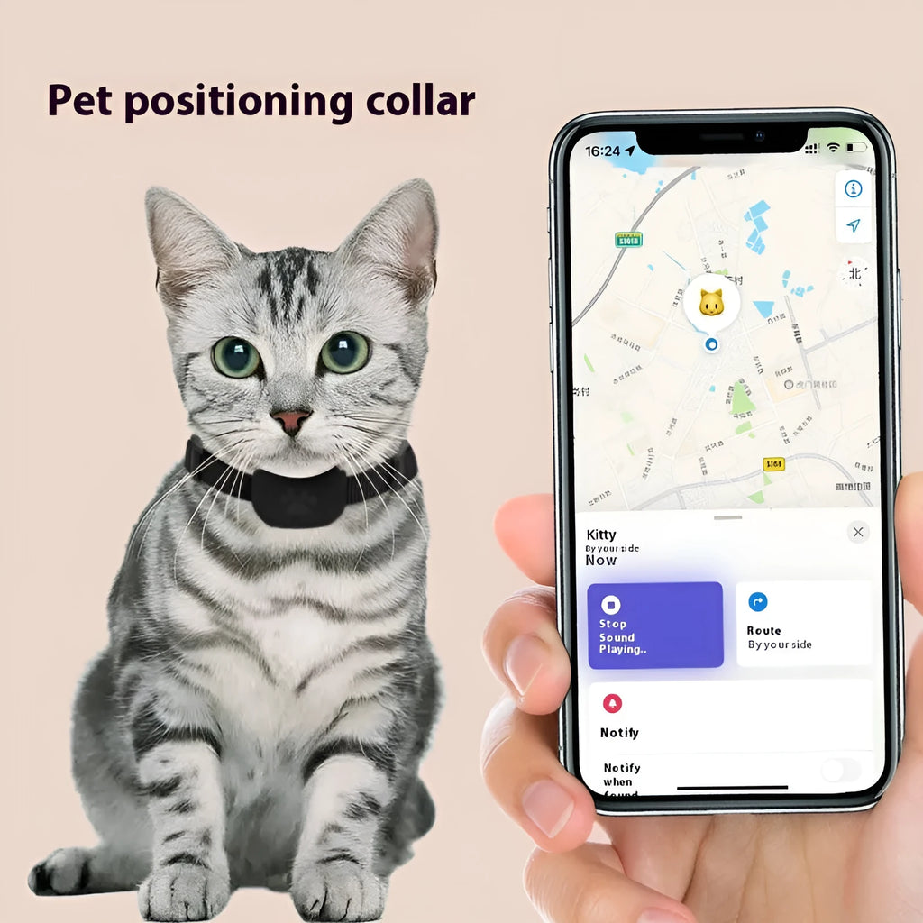 Bluetooth pet positioning collar for cats and puppies in adjustable 28-39cm size with black, blue, and pink colour options