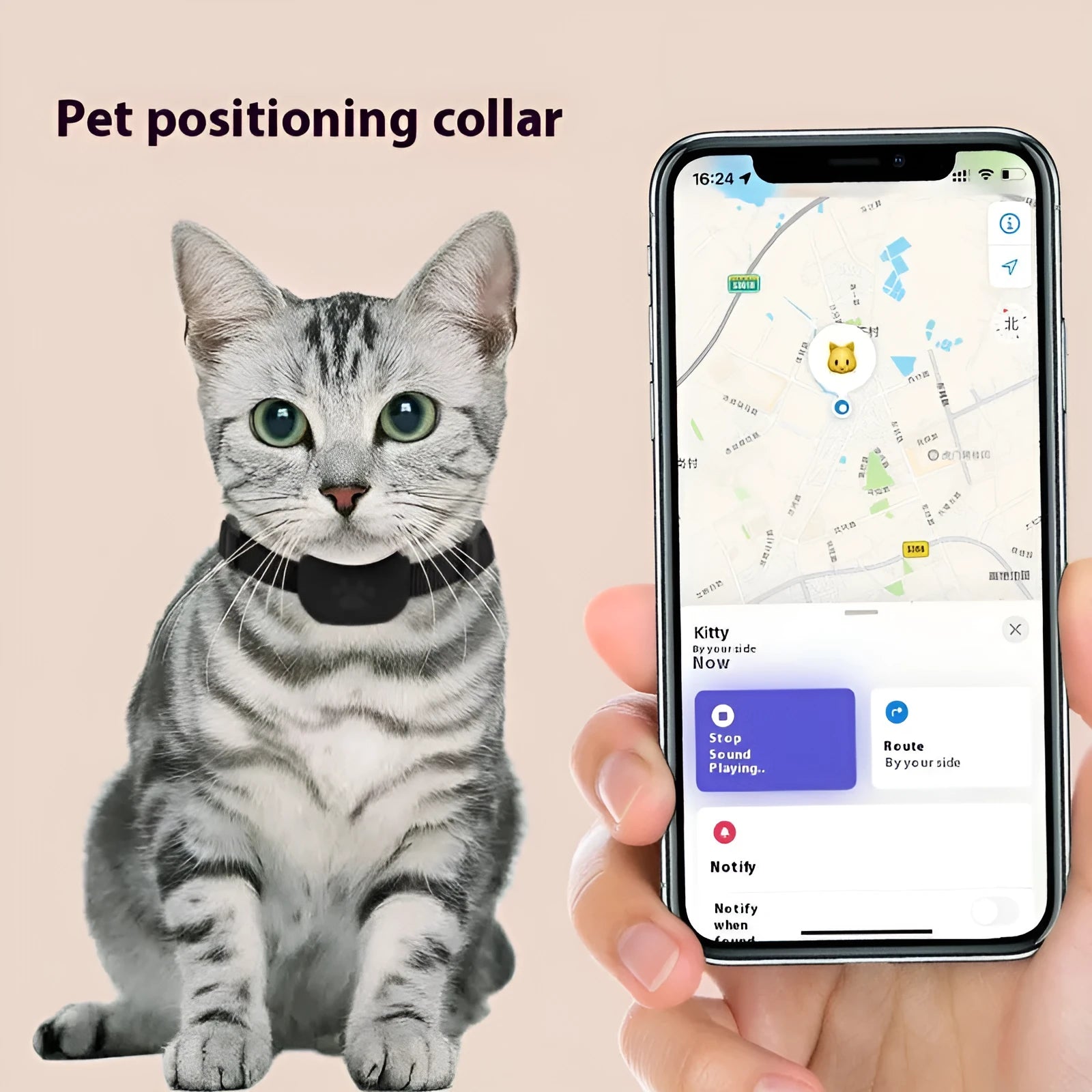 Bluetooth pet positioning collar for cats and puppies in adjustable 28-39cm size with black, blue, and pink colour options