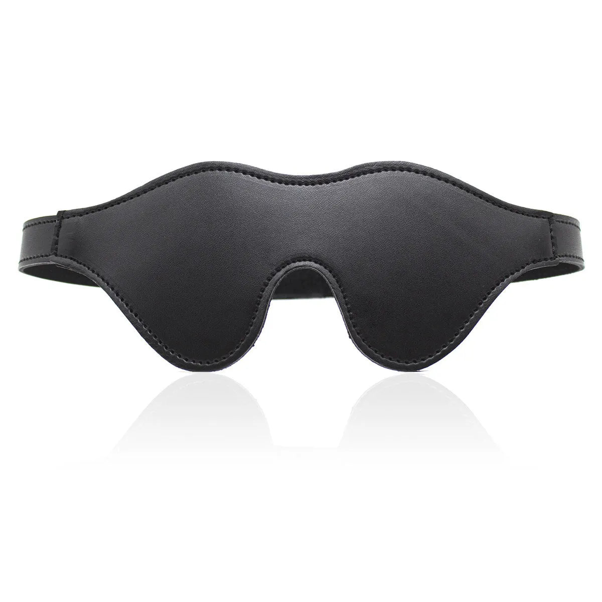 Women's black leather velcro eye mask blindfold showing three-dimensional shape and metal hardware.