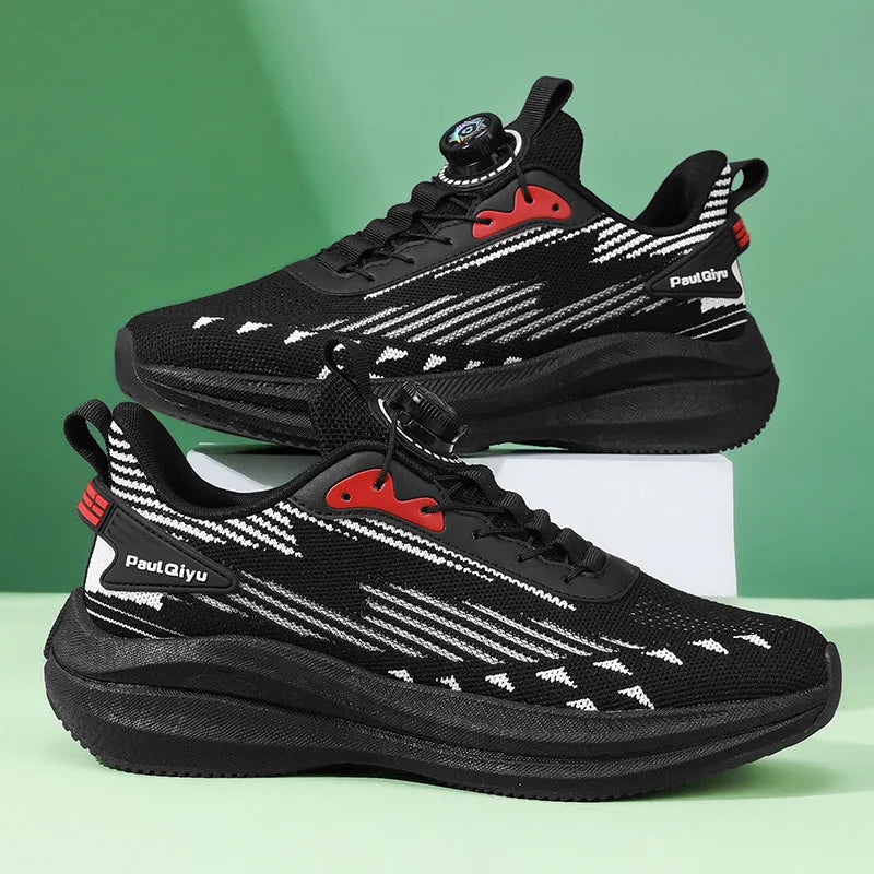 Men's rotating buckle Fly-kit mesh sports running shoes in black, gray, or white and green colour options
