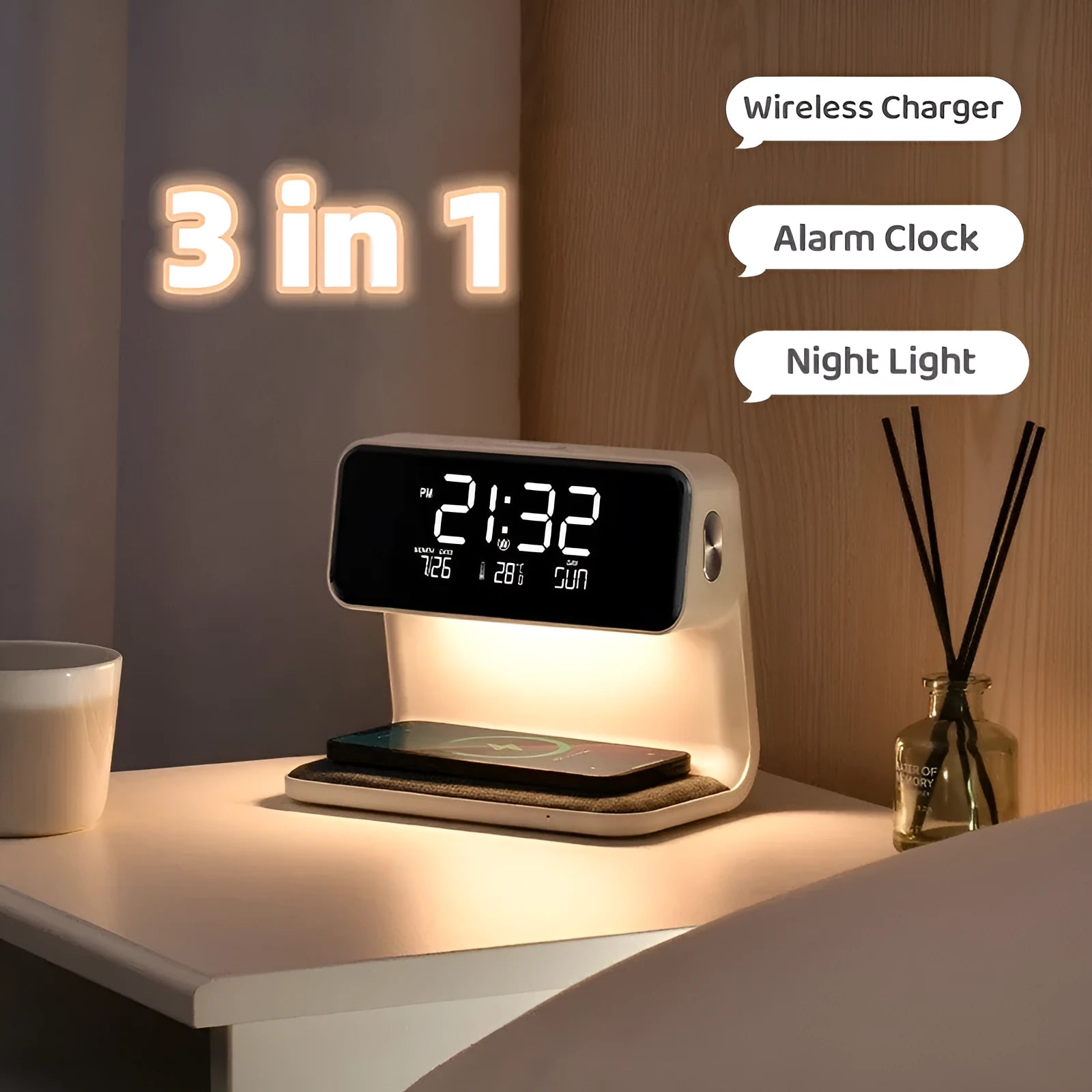 White 3-in-1 bedside lamp with wireless charging pad, LCD display, and ABS lampshade