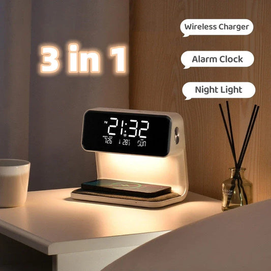 Versatile 3-in-1 Bedside Lamp with Wireless Charging, Dimmable Lighting, and Alarm Clock Functions