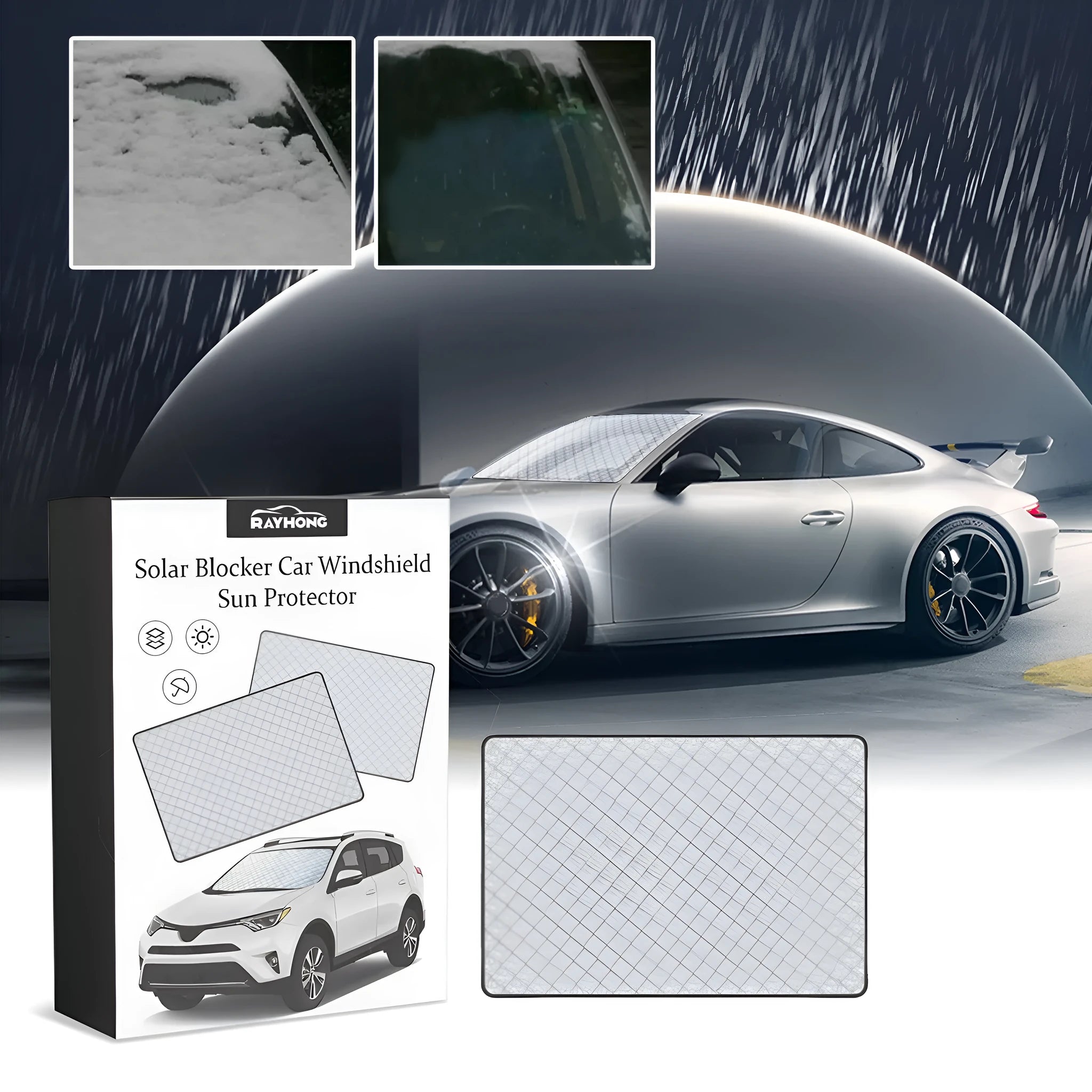 Silver aluminium film car windscreen cover for frost and snow protection