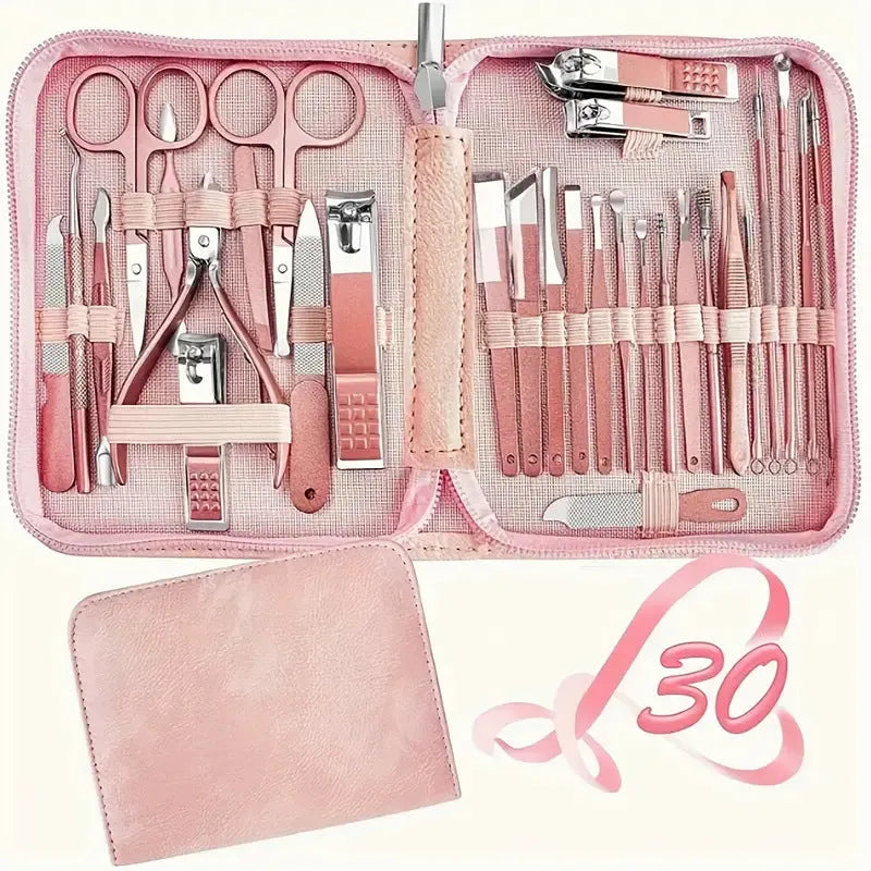 30-piece stainless steel nail beauty tool set showing cuticle tools, nippers, and files on a pink background.