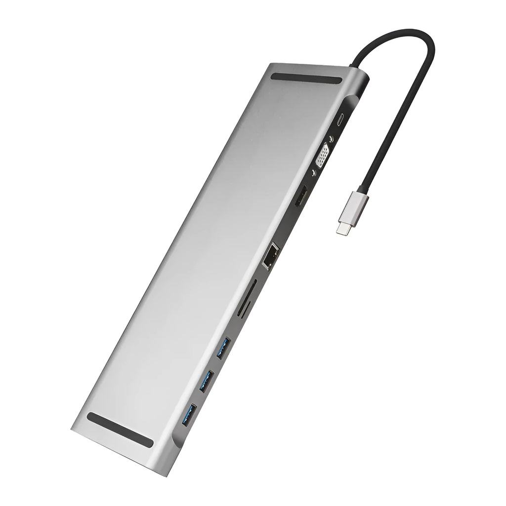 Grey aluminium docking station with cooling bracket showing ten ports including HDMI VGA and network connections