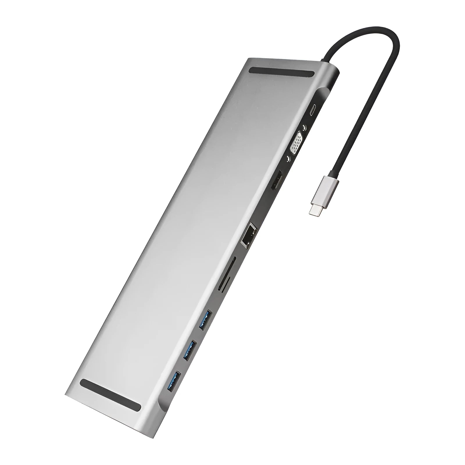 Grey aluminium docking station with cooling bracket showing ten ports including HDMI VGA and network connections