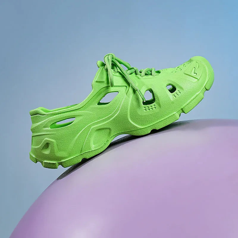 Unisex high elastic EVA sandals with thick sole in fluorescent green, orange red, and rose red.