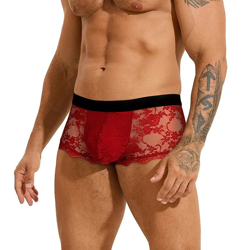Men's black lace briefs with hollow-out see-through mesh design and adjustable waistband